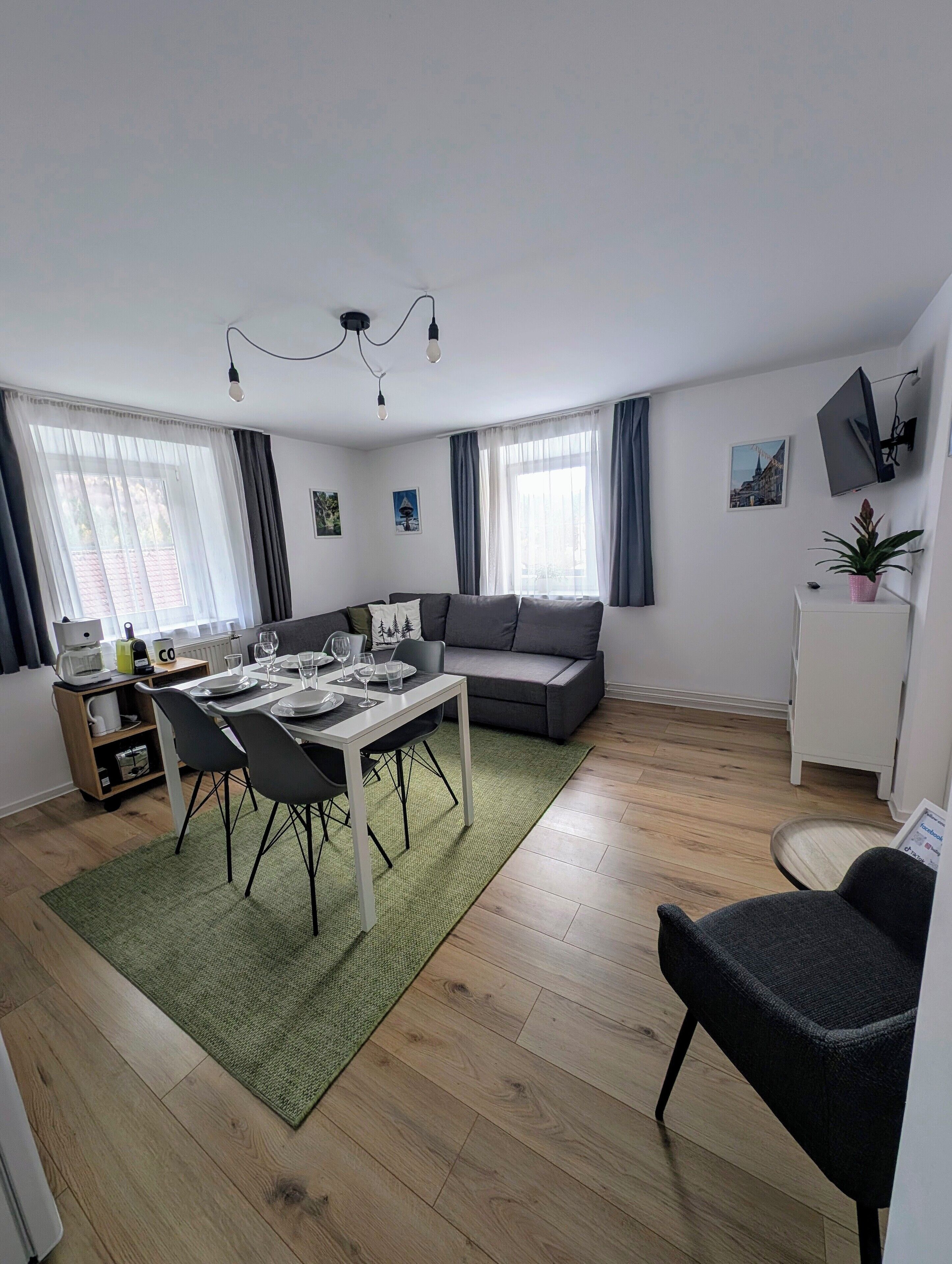 Una sala de estar moderna con comedor, sofá, televisión y una planta pequeña.