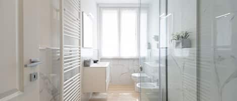 Shower, bidet, towels, soap