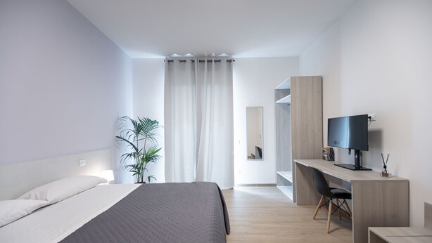 A modern hotel room with a bed, desk, and chair, a television, and a plant.