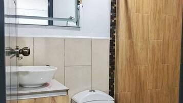 Shower, towels, soap, toilet paper