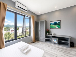 Habitación de hotel con cama, un ventanal con cortinas, armario, televisor y un cuadro en la pared.