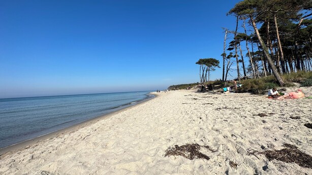 Una platja sorrenca amb cel blau clar i mar tranquil·la.