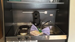 Una cuina compacta amb fogó, rentapelats i armaris d'emmagatzematge.