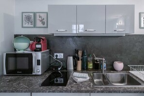 Kühlschrank, Mikrowelle, Herdplatte, Wasserkocher mit Kaffee-/Teezubehör