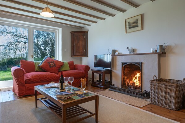 Una sala de estar acogedora con chimenea, un sofá, un televisor y una mesa con una botella y vasos.