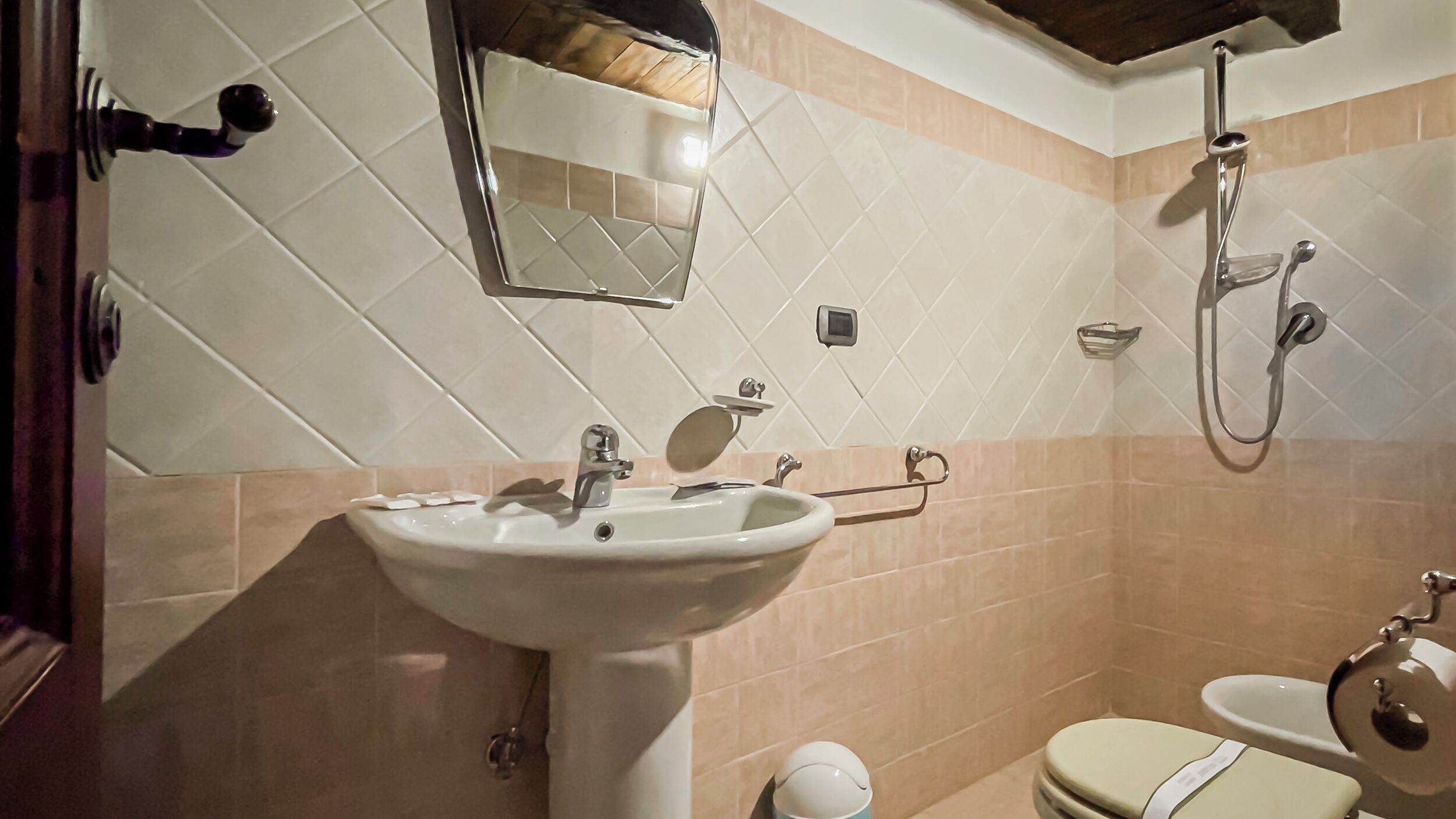 Un baño con lavamanos, inodoro y ducha.