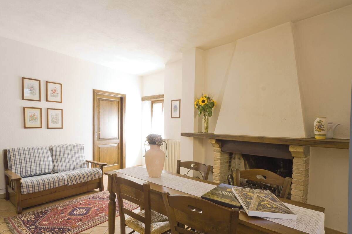 A cozy living room with a sofa, dining table, chairs, a fireplace, and framed pictures on the wall.
