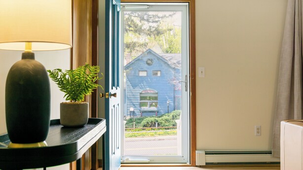 A hallway with a door leading outside, a potted plant, a lamp, and a radiator. - Charming Catskill getaway walking distance to Main St. Pet-friendly! (Catskill)