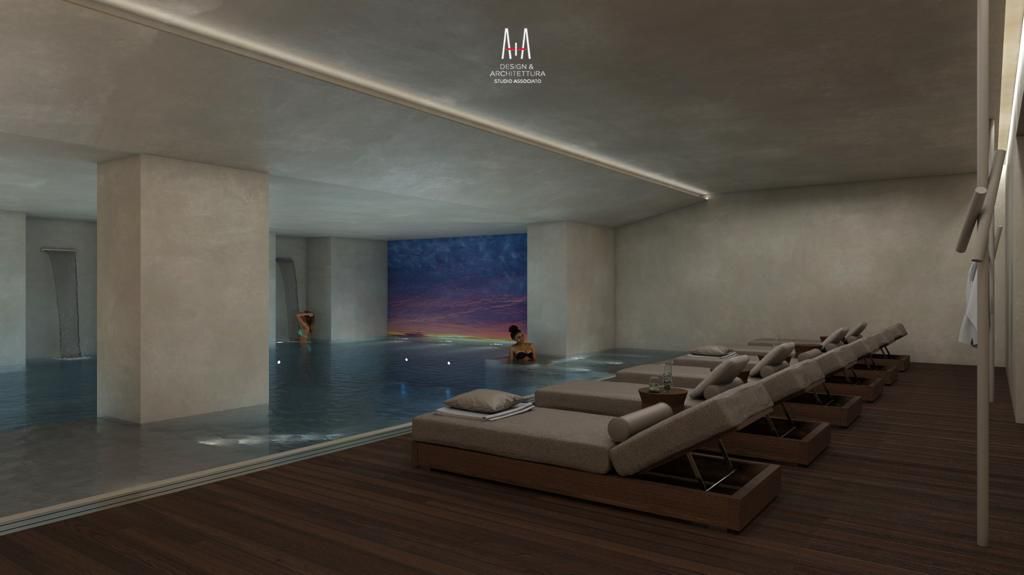 A modern spa with a large indoor pool, lounge areas, and a mural of a sunset.