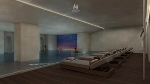 Egy modern wellnessközpont, melynek része egy nagy, fedett medence, pihenőterületek és egy naplementet ábrázoló falfreskó.