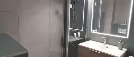 Shower, hair dryer, soap, toilet paper