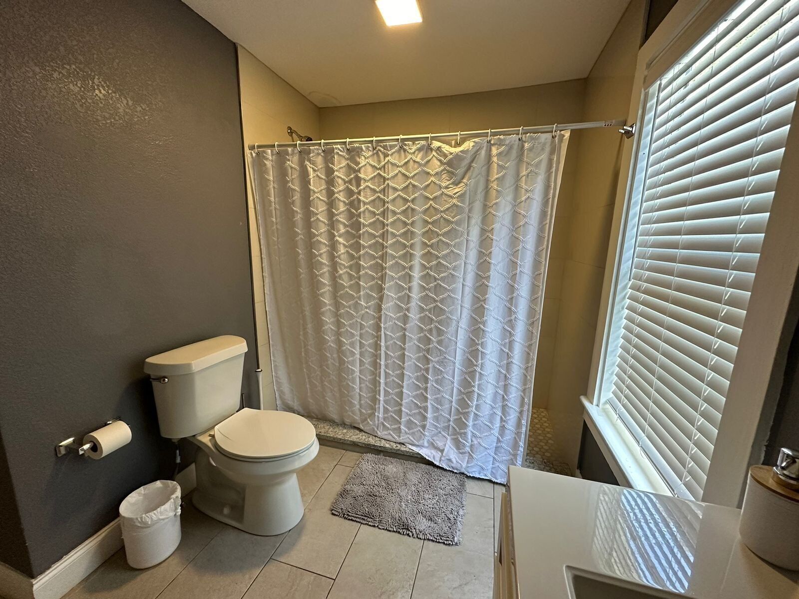 A bathroom with a toilet, a shower curtain, a window with blinds, and a small rug on the floor.