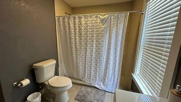 A bathroom with a toilet, a shower curtain, a window with blinds, and a small rug on the floor.