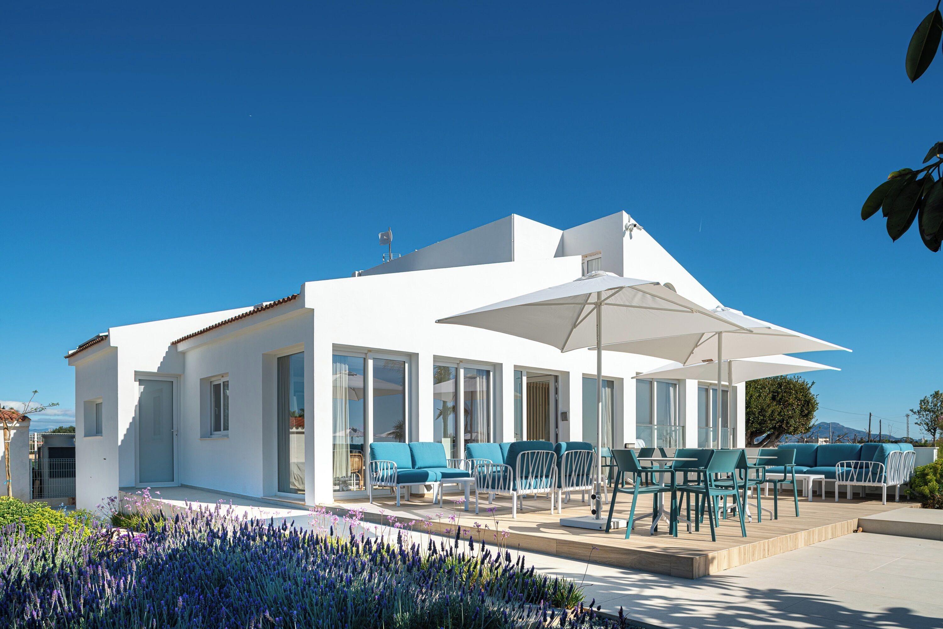 Un edificio moderno blanco con amplios ventanales, mobiliario exterior con cojines azules y un patio.