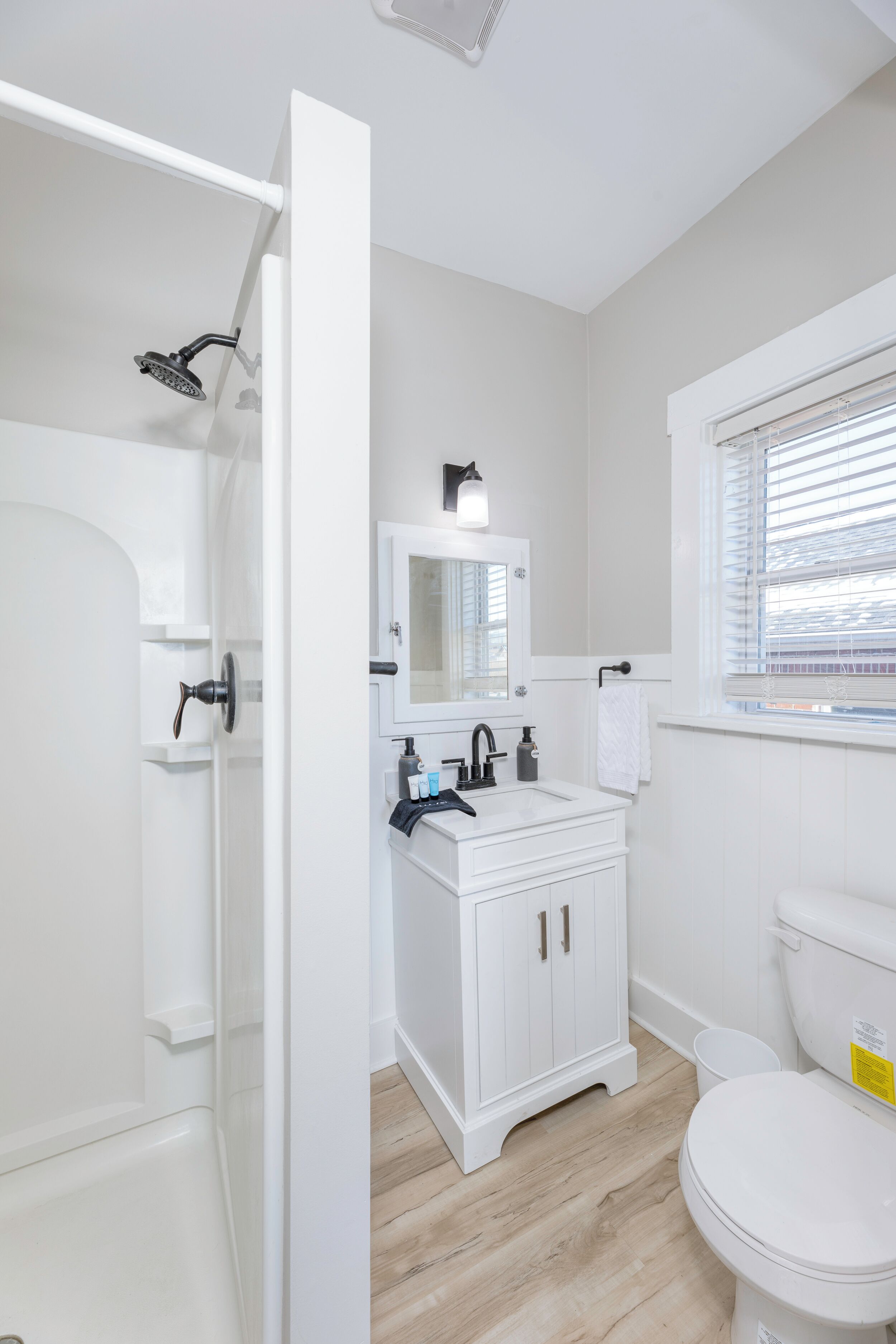 Hair dryer, towels, soap, toilet paper