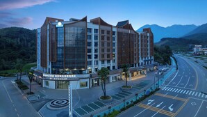 Un hotel moderno con un llamativo letrero de Days Inn, que presenta una estructura de varios pisos con grandes ventanales y un área de entrada ajardinada.