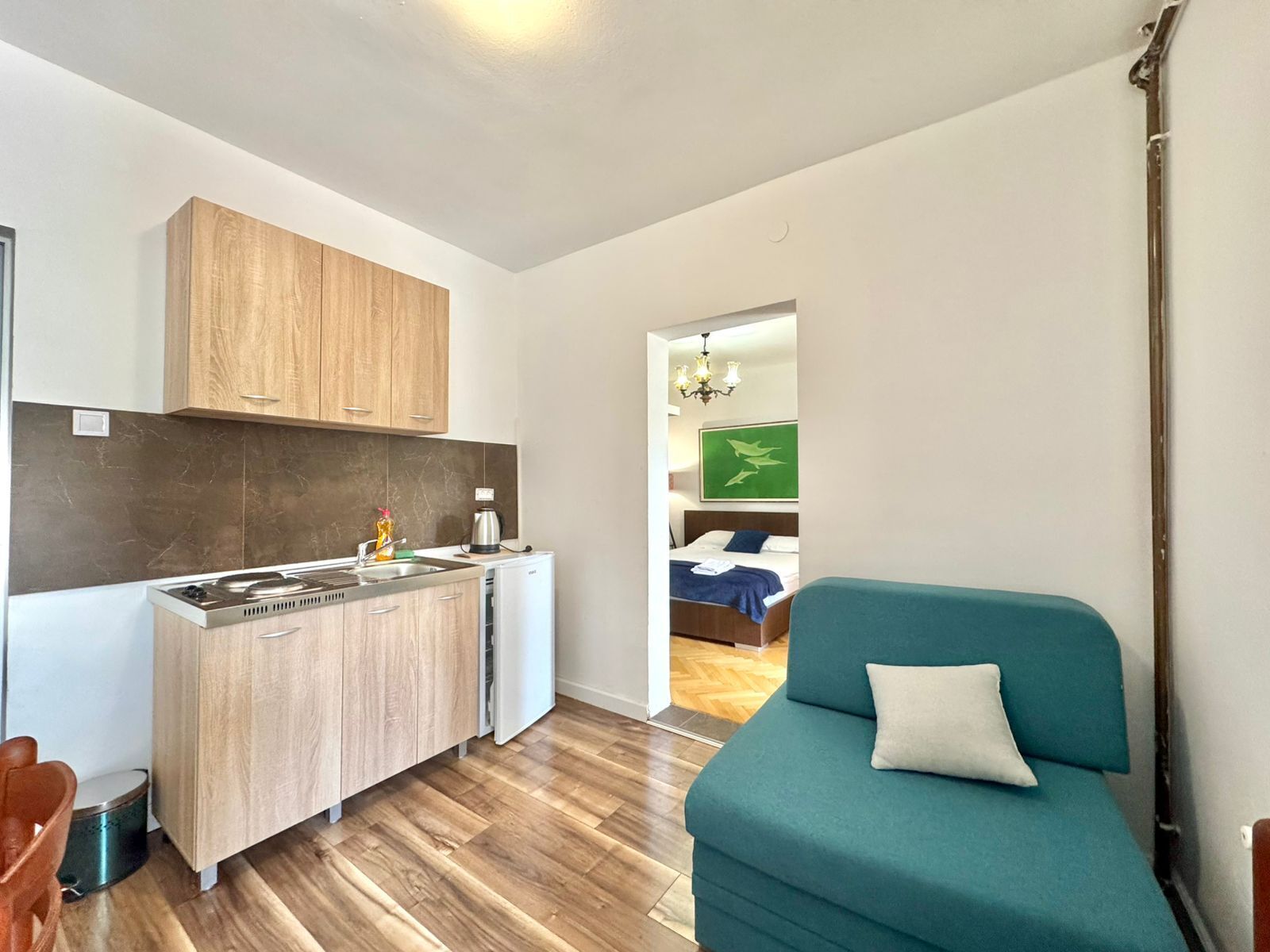Un espacio habitable compacto con kitchenette, un sofá y una cama en la habitación contigua.