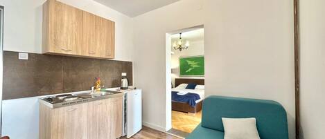 Un espacio habitable compacto con kitchenette, un sofá y una cama en la habitación contigua.