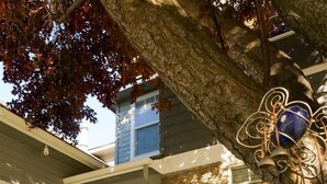 A residential house with a stone facade, a welcoming sign, and a tree providing shade. - Sleeps 25 | Theater Room | Near Roaring Springs | Large Meridian Home (Meridian)