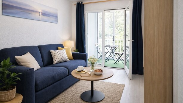 A modern living room with a dark blue sofa, a round coffee table, and a view of an outdoor patio with a table and chairs.