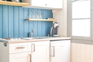 Fridge, oven, stovetop, coffee/tea maker