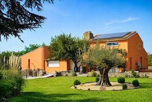 A modern house with a stone chimney, solar panels, and a well-maintained garden.
