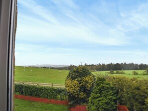 A view of a green field with a hedge and a tree in the foreground, and a distant landscape with trees and hills. - New House Farm - UKC6912 (Cowan Bridge, near Kirkby Lonsdale)