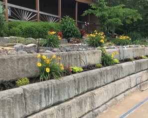 A garden with flower beds and a wooden fence.