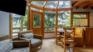 Een gezellige kamer met een houten plafond, een bank, een eettafel met stoelen, een keuken met een spoelbak, en grote ramen met uitzicht op bomen en bergen.
