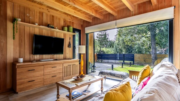 Habitación con paneles de madera, televisión, sofá y mesa.