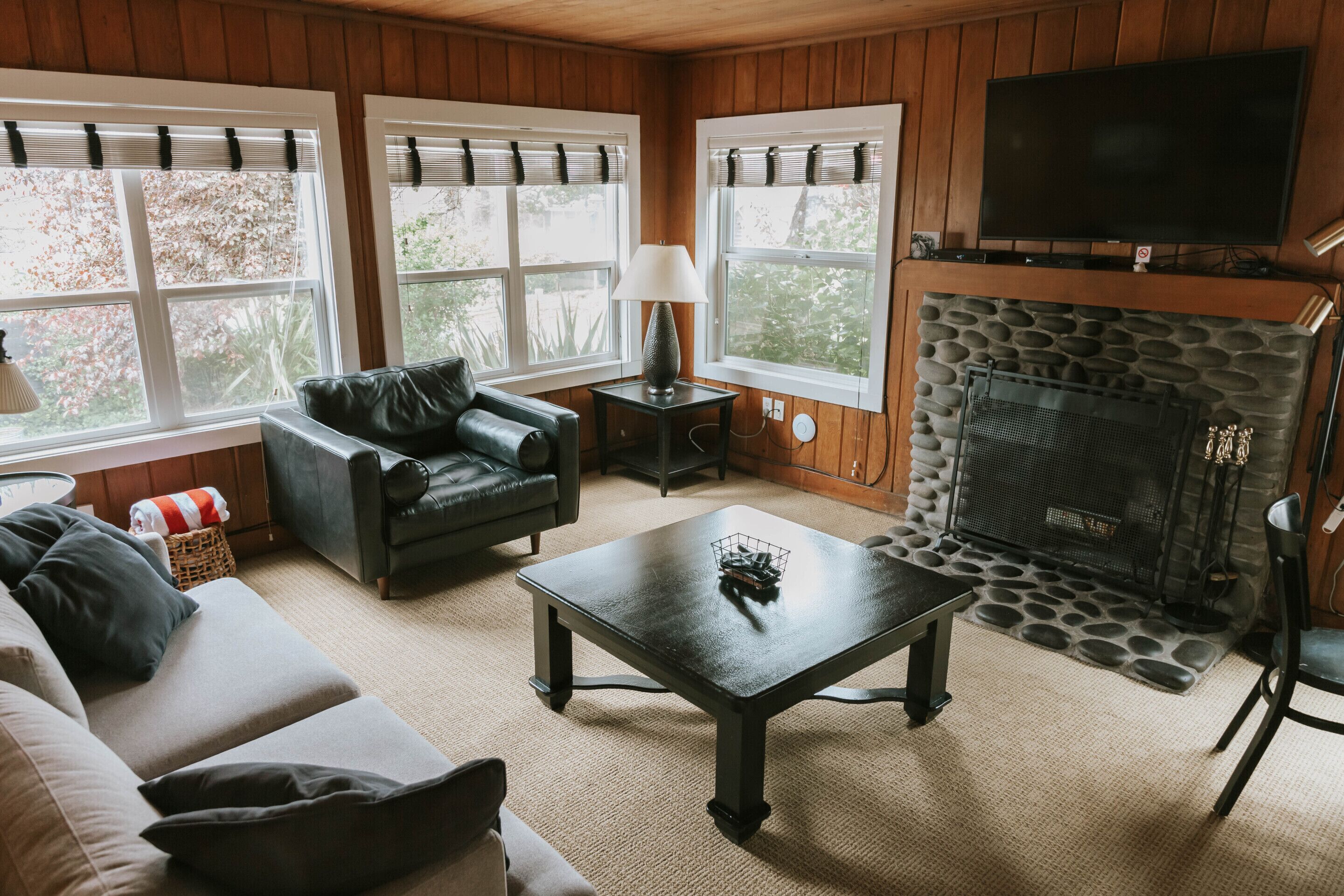 Télévision, cheminée, lecteur de DVD, livres