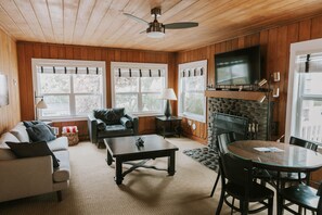 TV, fireplace, DVD player, books