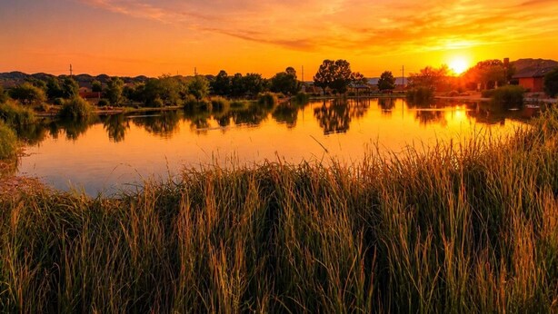 A sunset over a calm lake with surrounding vegetation and distant buildings.