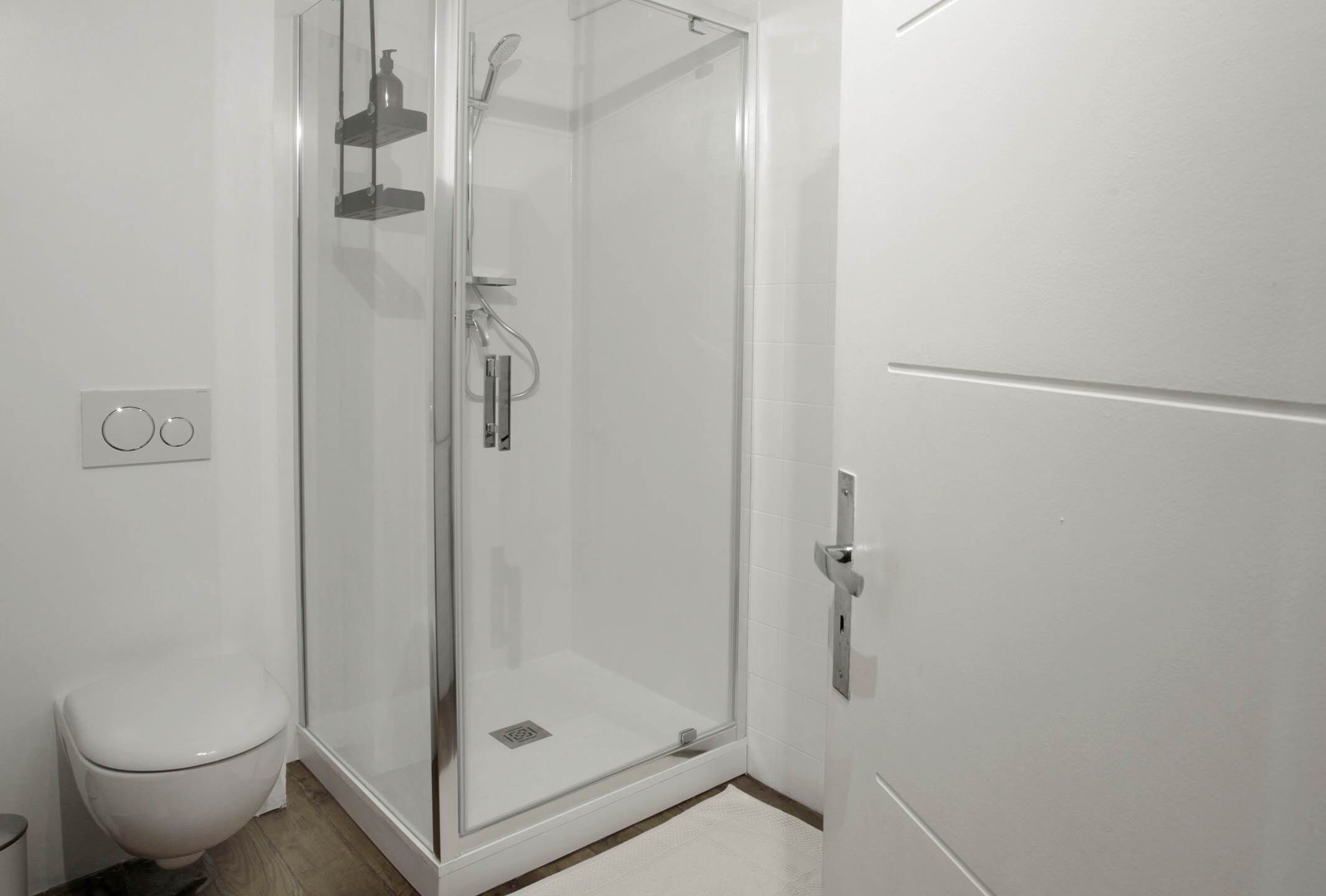 Une salle de bain moderne avec une douche à parois de verre, des toilettes et une porte blanche.