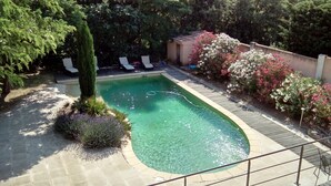 A rectangular swimming pool with clear water, surrounded by a tiled deck, a tall coniferous tree, and flowering bushes. - Location Grande Villa au Soleil D'avignon (Châteauneuf-de-Gadagne)