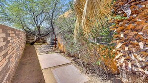 A narrow pathway flanked by a brick wall and a palm tree. - Pet-friendly Condo < 1 Mi to Phoenix College! (Phoenix)