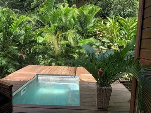 A wooden deck with a rectangular pool surrounded by lush tropical plants. - Cottage in the heart of the rainforest (Sainte-Rose)