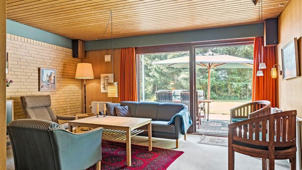 Ein gemütliches Wohnzimmer mit einer Couch, einem Sessel und einem Holztisch. Auf dem Boden liegt ein farbenfroher Teppich, und ein großes Fenster mit Vorhängen sorgt für Licht.