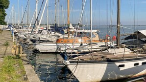 Un puerto deportivo con varios veleros amarrados juntos.