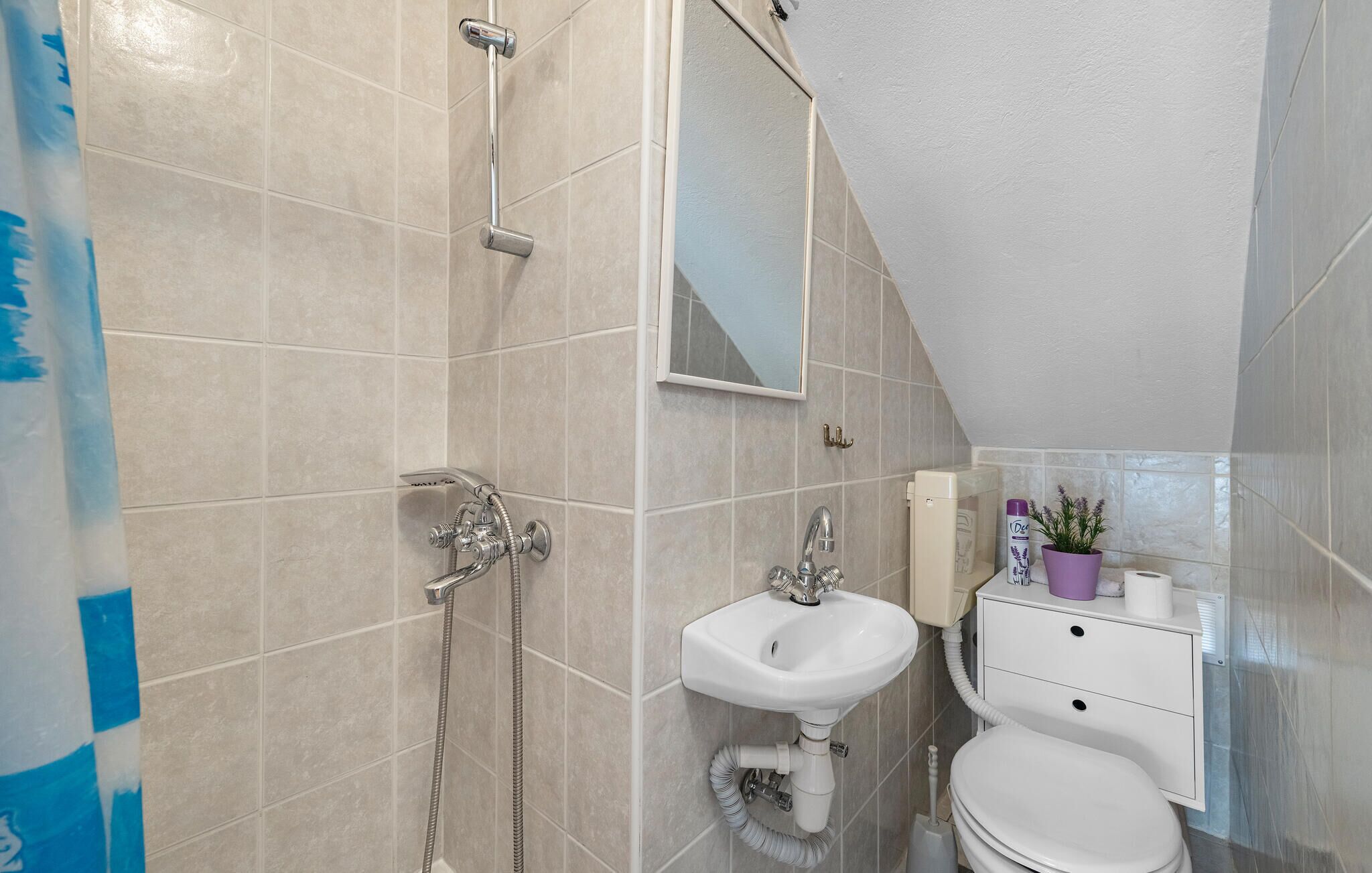 A bathroom with a shower, sink, toilet, and a mirror.