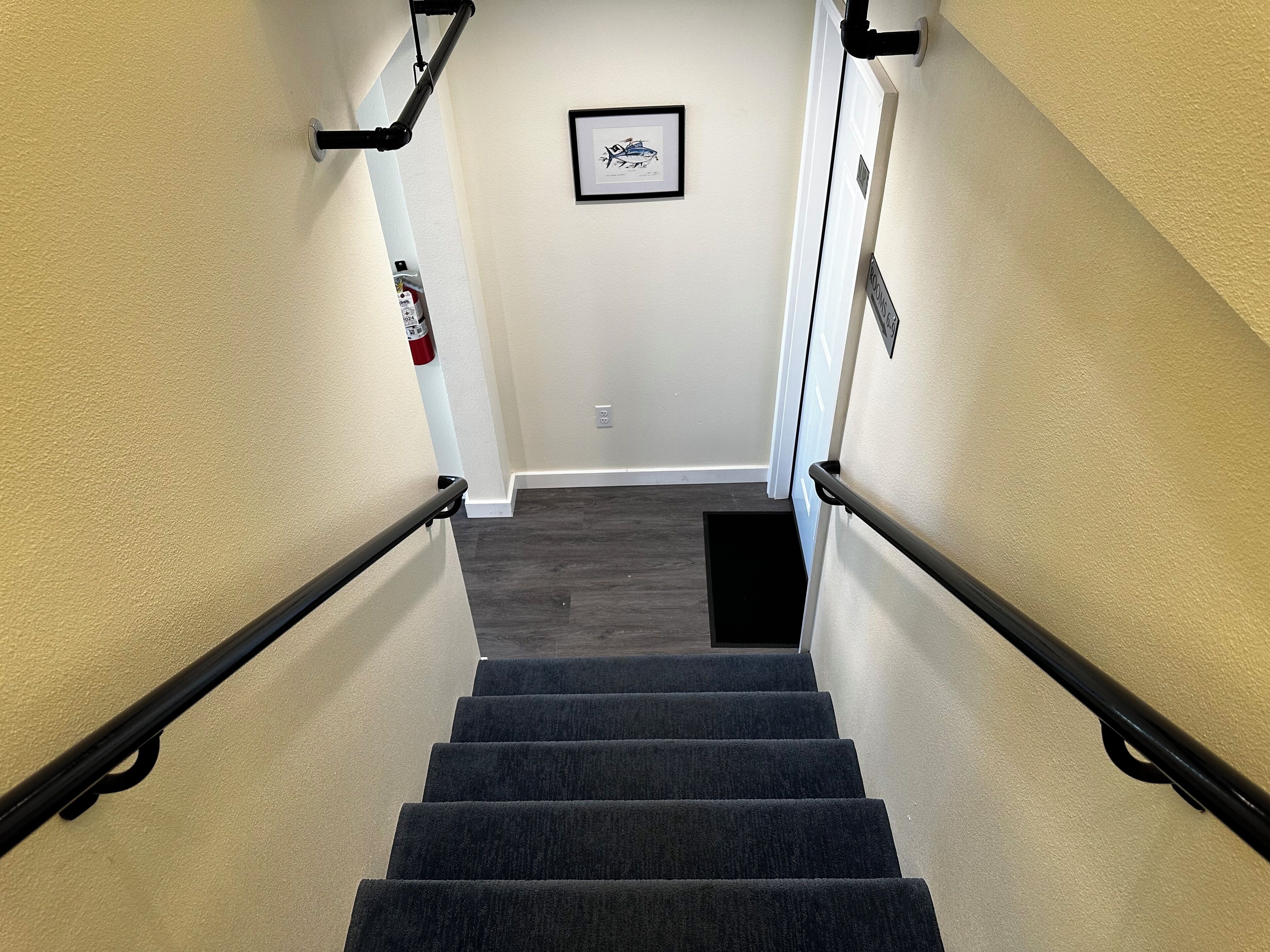 A carpeted staircase with black handrails, a framed picture on the wall, and a fire extinguisher on the left.