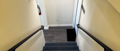 A carpeted staircase with black handrails, a framed picture on the wall, and a fire extinguisher on the left.
