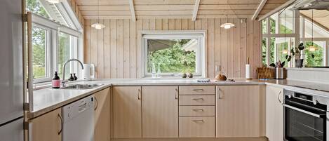 Fridge, stovetop, dishwasher, coffee/tea maker