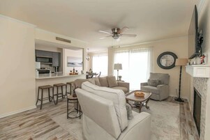 Condo, Multiple Beds, Patio (1100 The Cape #701) | Living area | Fireplace