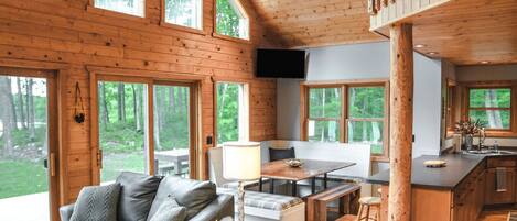 Smart TV, fireplace, books, stereo