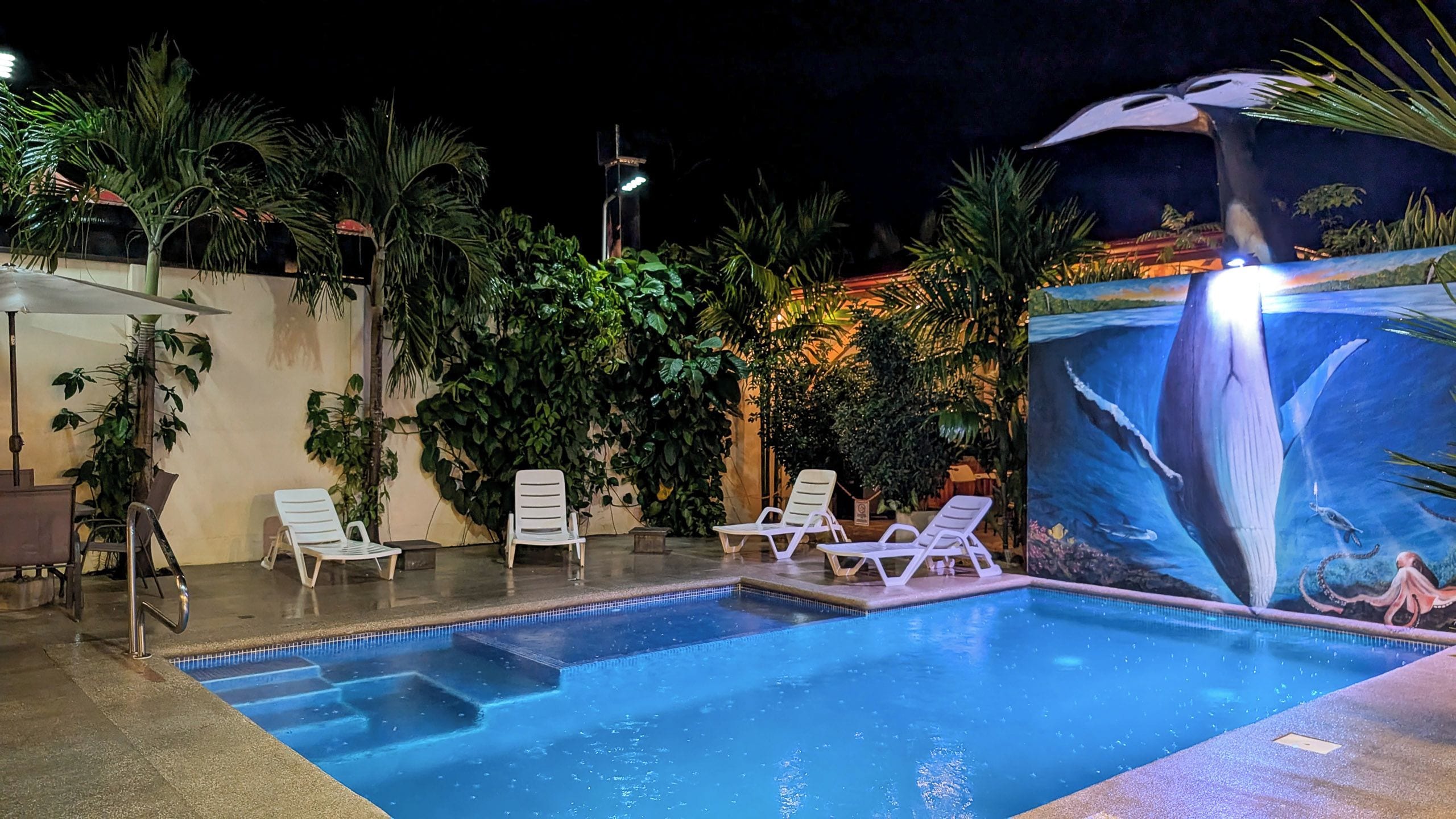 Una piscina con lettini e un murale raffigurante una scena subacquea.