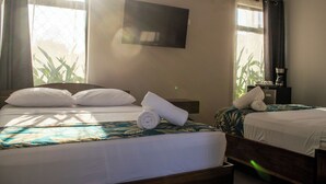 Habitación de hotel con dos camas, televisión, aire acondicionado y cafetera.