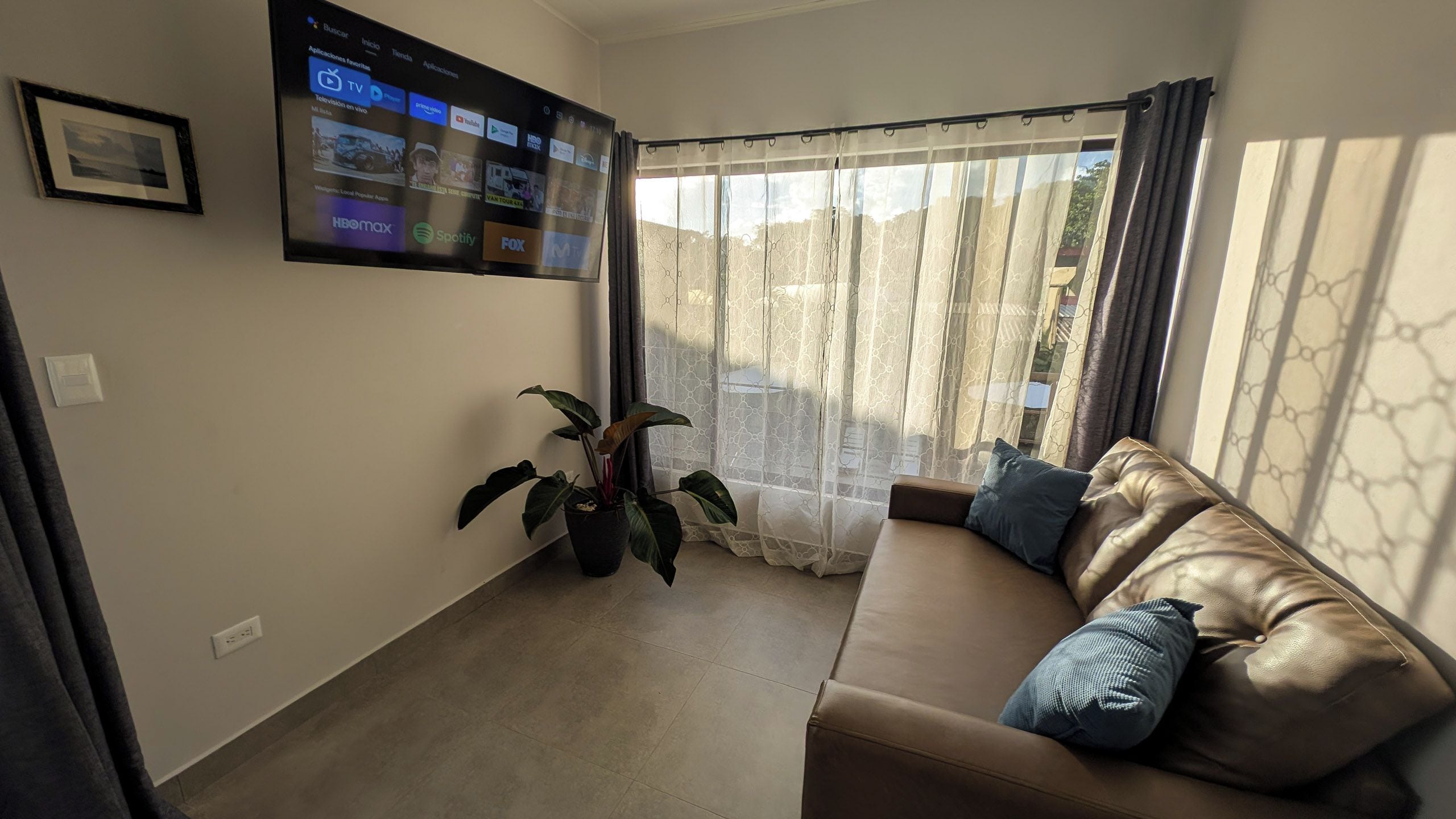 Een woonkamer met een wandgemonteerde flatscreen televisie, een bank met kussens, een potplant en een raam met gordijnen.