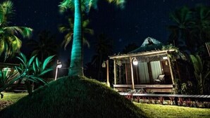 A night scene with a palm tree, a thatched-roof structure, and a starry sky. - Pousada Vayú  (Amontada)