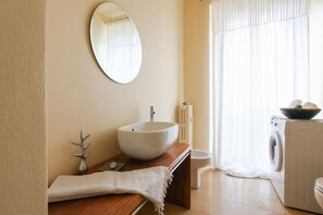 Shower, hair dryer, bidet, towels